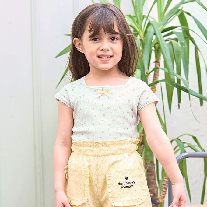 日本 Lycee mine - 100%棉 印花蕾絲滾邊短袖上衣-粉紅