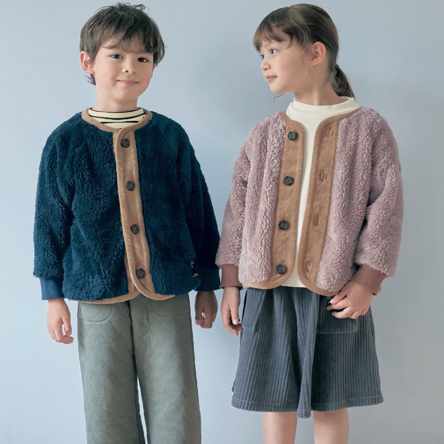 日本千趣會 - 燈芯絨拼接泰迪熊保暖外套-撞色-灰粉x卡其