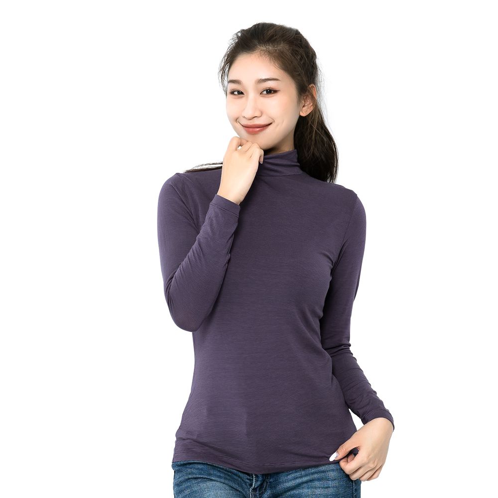 GIAT - 女款五夠暖吸濕發熱衣-立領-紫條