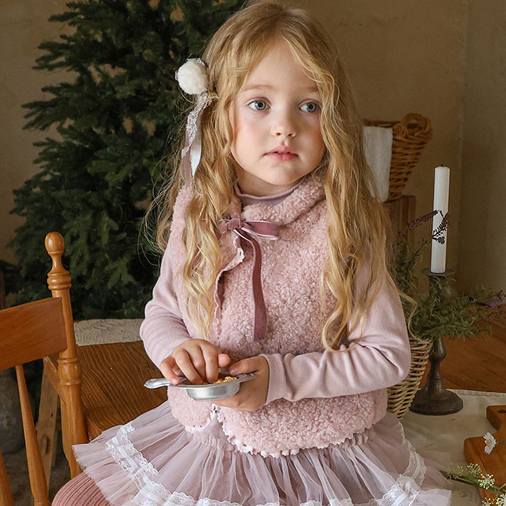 Puellaflo 捲捲毛絨蝴蝶結保暖背心-粉