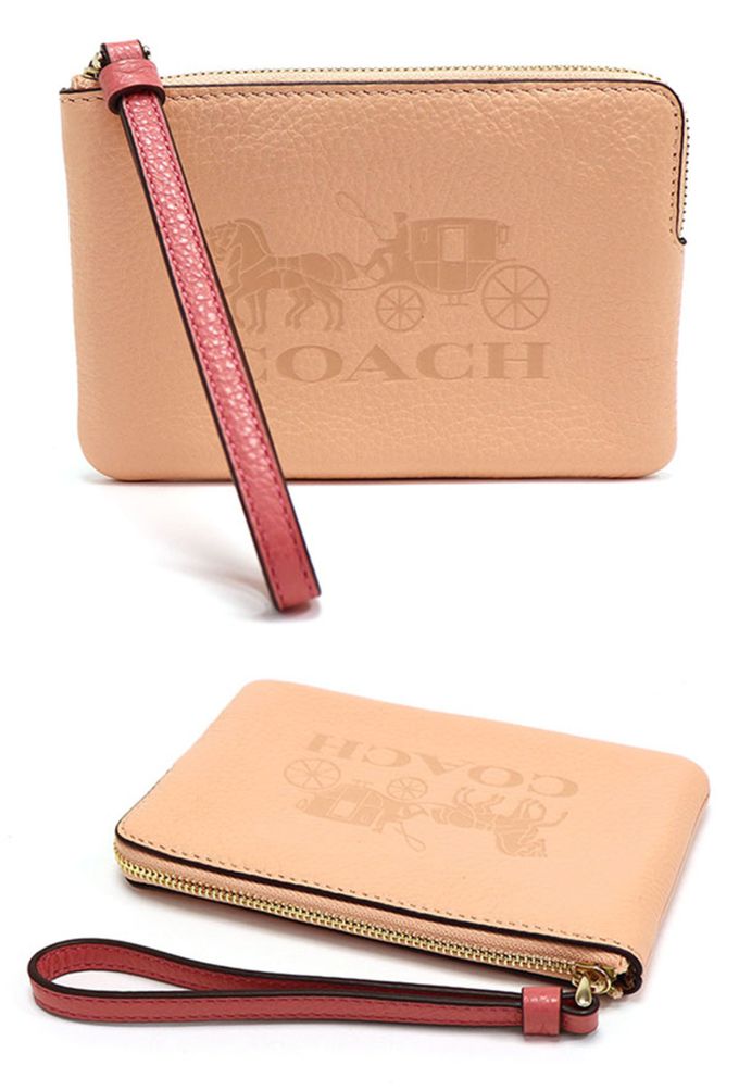 COACH - 馬車LOGO皮革拉鍊零錢手拿包 (粉桔)