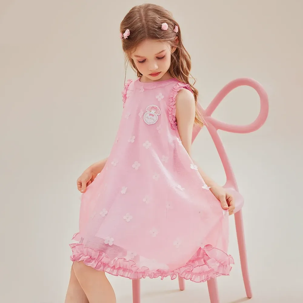 雙層荷葉邊花朵無袖洋裝-卡通人物美樂蒂-粉色