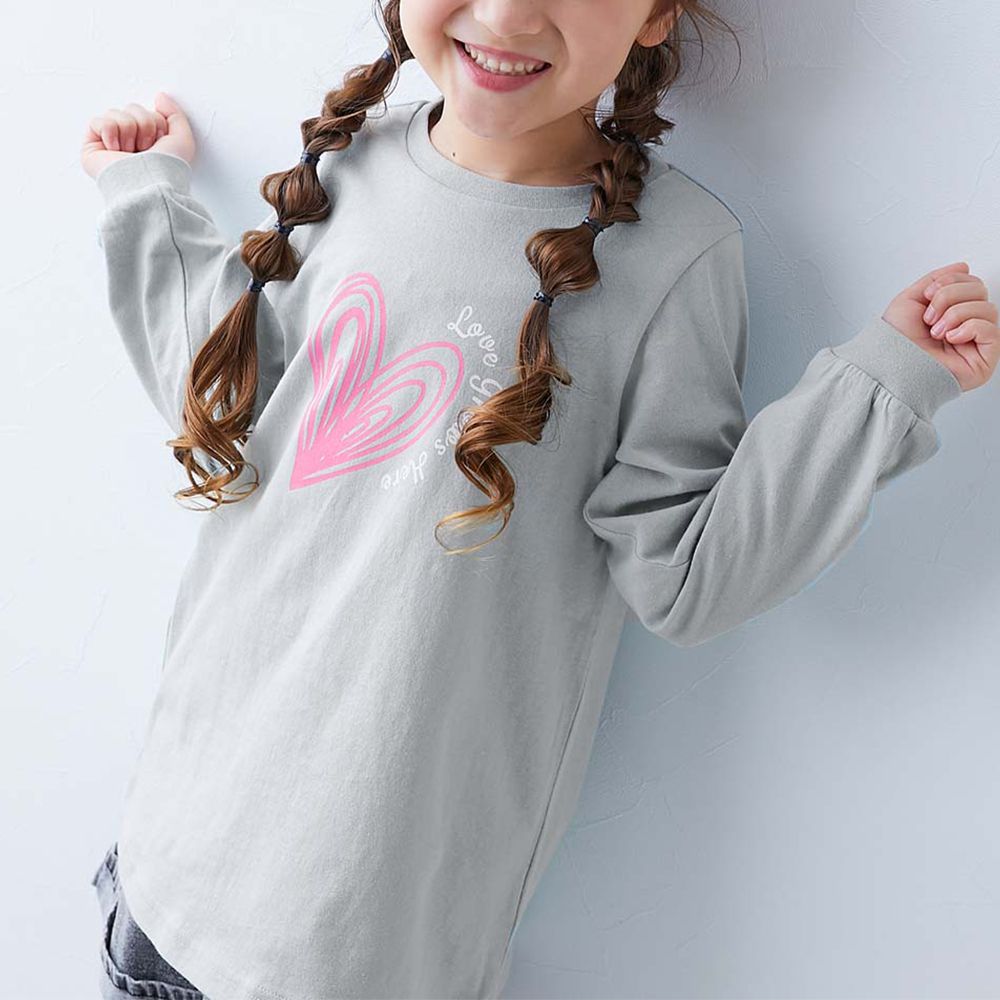 純棉甜美印花長版T恤-線條愛心-灰綠