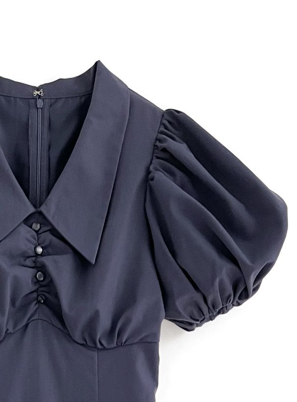 日本 GRL - 優雅翻領澎澎袖魚尾洋裝-淺米杏