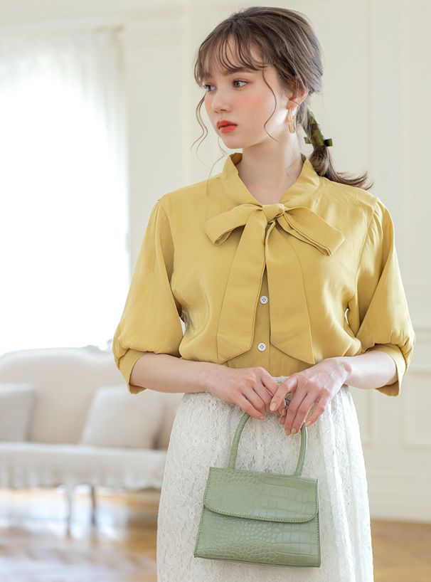 日本 GRL - 大蝴蝶領結五分袖雪紡襯衫-天使白 (F)