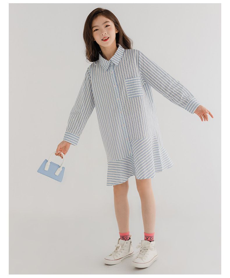 不對稱拼接直紋襯衫洋裝-藍直紋