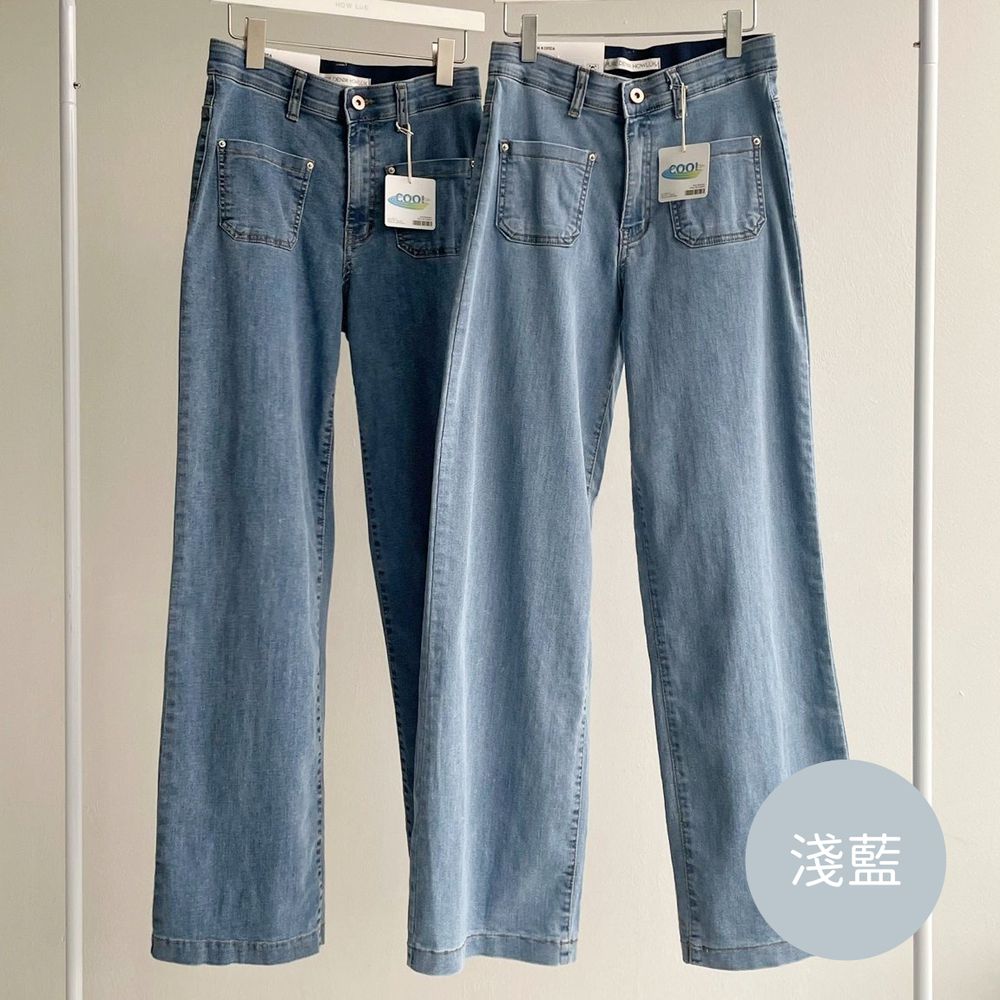 Howluk (涼感機能)彈性腰小口袋丹寧直筒褲-淺藍