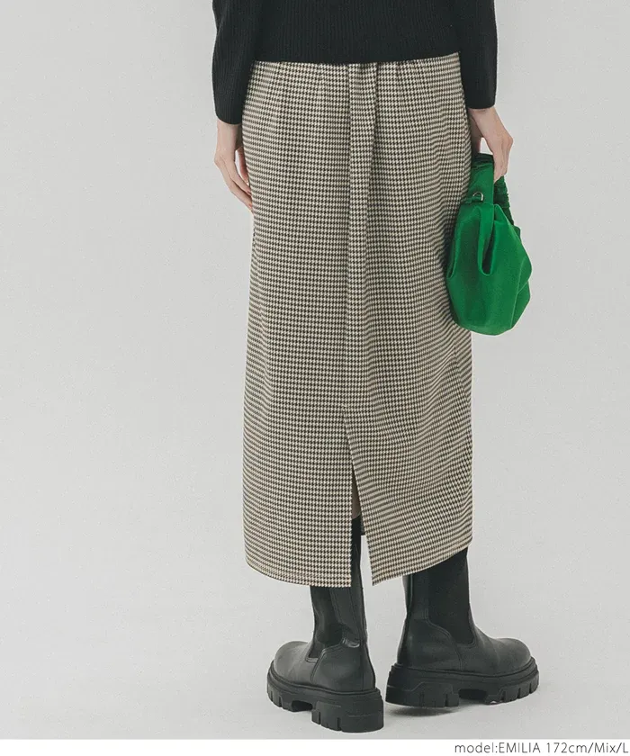 日本 COCA - 修身優美千鳥格後開叉長裙-黑白