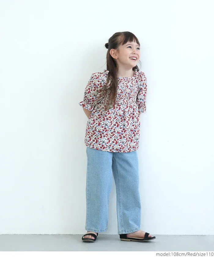 日本 COCA - 歐風碎花泡泡短袖上衣-孩子-洋紅