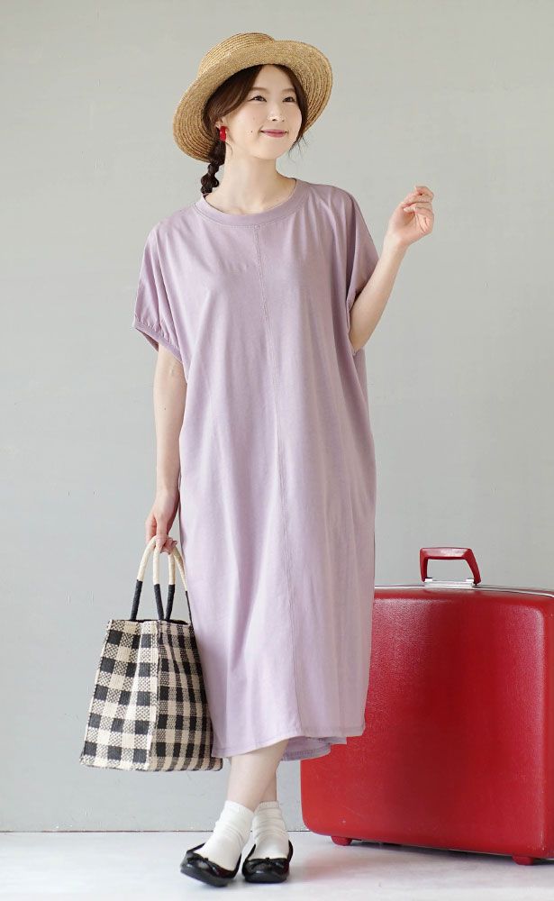 日本 zootie - 涼感機能 圓領泡泡五分袖洋裝-粉紫