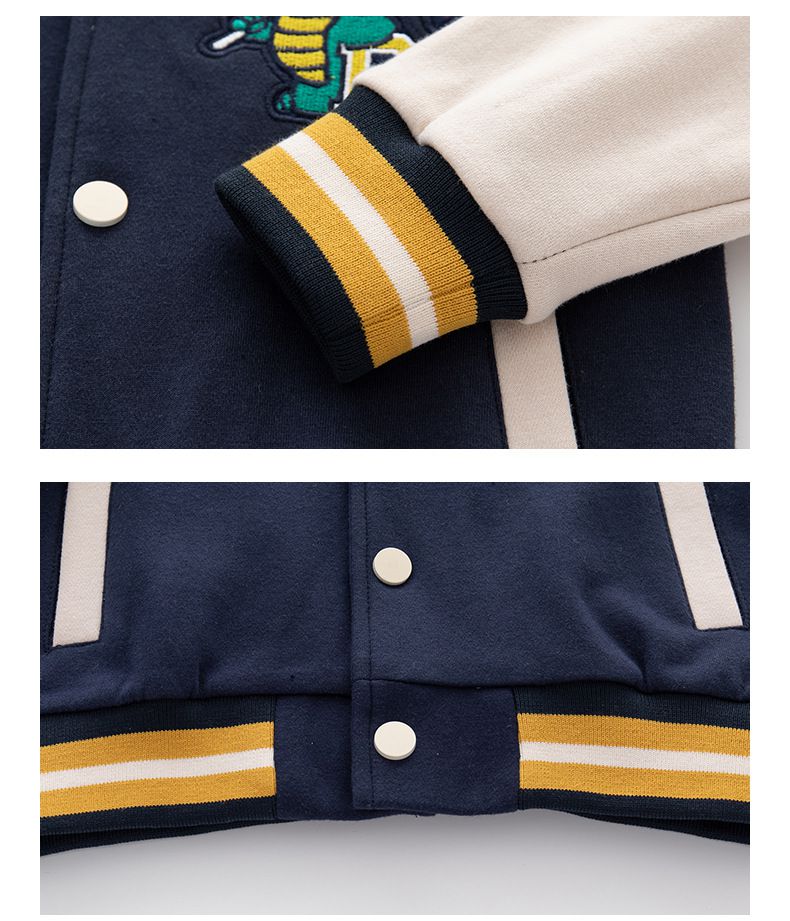 童趣拼色棒球外套-驕傲壞壞恐龍-深藍+杏