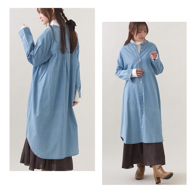 日本 OMNES - 柔軟丹寧風輕盈圓弧下擺長袖洋裝-深藍