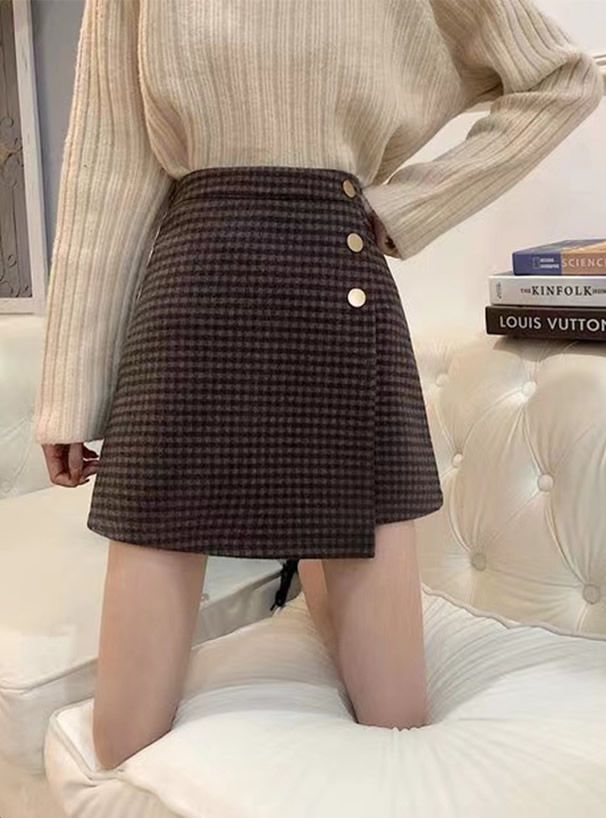日本 GRL - 不規則裙擺格紋毛呢短裙(附安全褲內襯)-黑