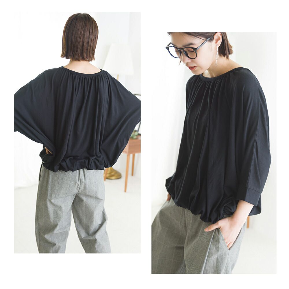 日本 OMNES - 圓領抓皺落肩短袖上衣-黑