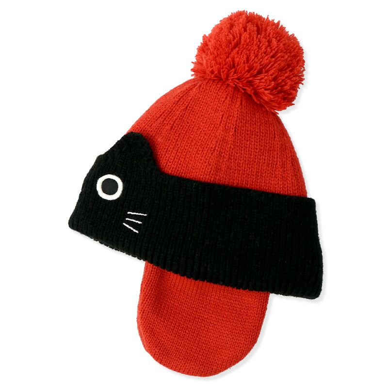 日本 ZOOLAND - 防寒刷毛保暖針織毛帽-小貓條紋撞色-粉x橘 (頭圍(50-54cm))