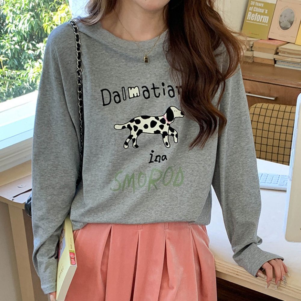 童趣斑點狗狗印花長袖上衣-淺灰 (F)