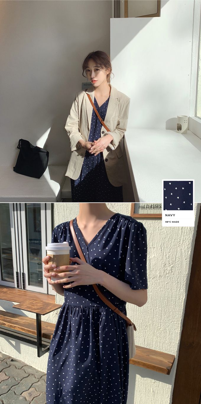 韓國 98doci - 滿版小愛心V領連身洋裝-深藍