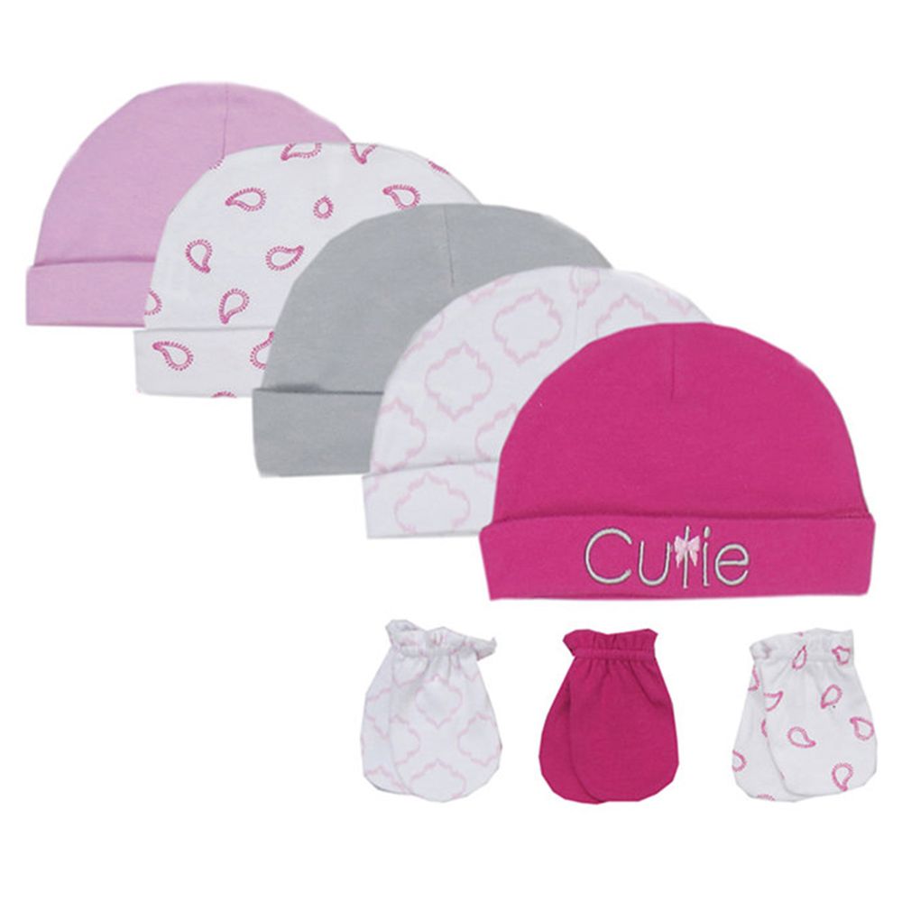 美國 Luvable Friends - 嬰幼兒初生棉帽5件組+初生手套3入(組)-可愛桃粉 (0-6M)