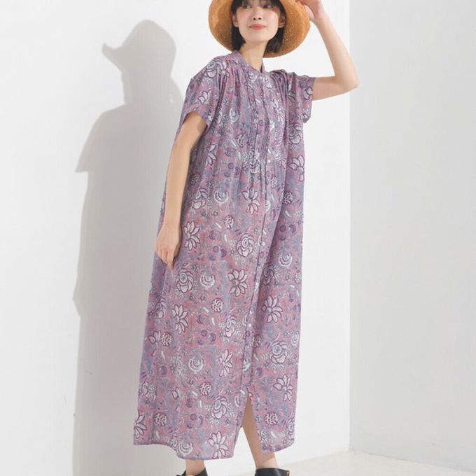 日本 OMNES - 100%印度棉 襯衫式印花短袖洋裝-深藍圖騰