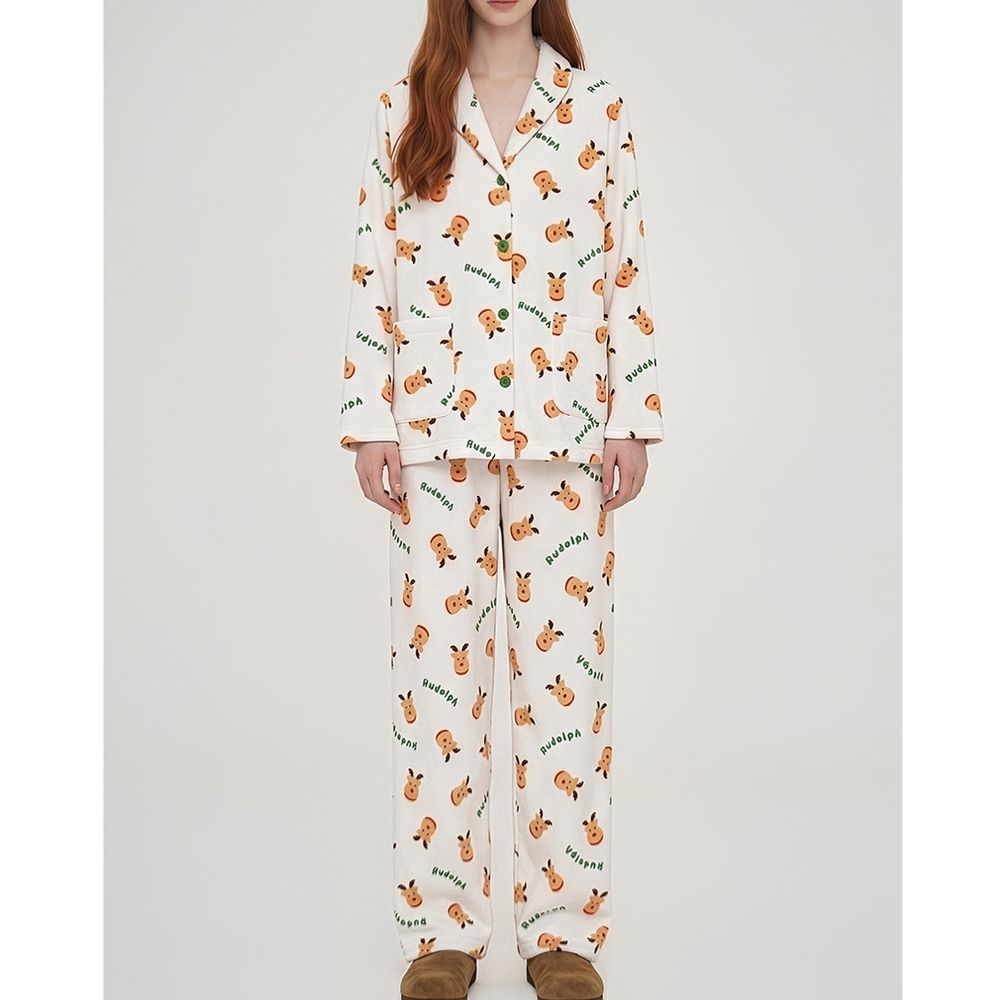 (媽媽)輕柔彈保暖搖粒絨長袖睡衣套裝-可愛馴鹿-白