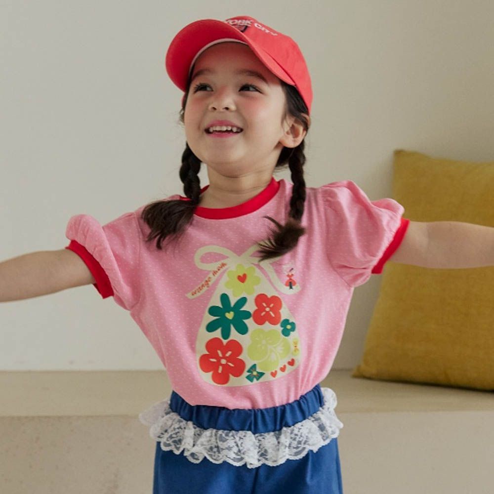 花花福袋點點泡泡袖上衣-粉