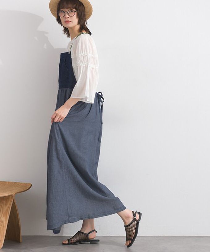 日本 Lupilien - 拼接風抽繩飄逸薄牛仔吊帶洋裝-靛藍