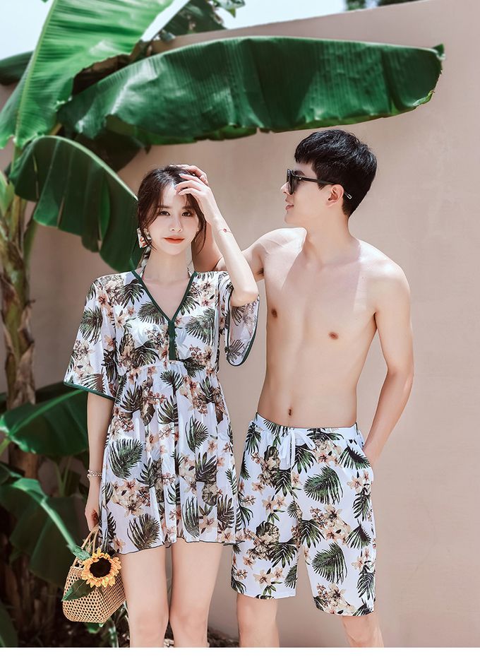 男士泳褲-復古葉片-棕+綠+白