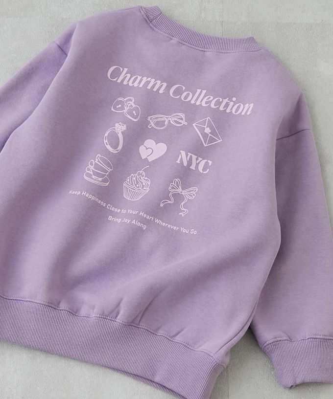 日本 devirock - 熱銷定番 裏起毛女孩印花大學長袖上衣-花朵-黃綠