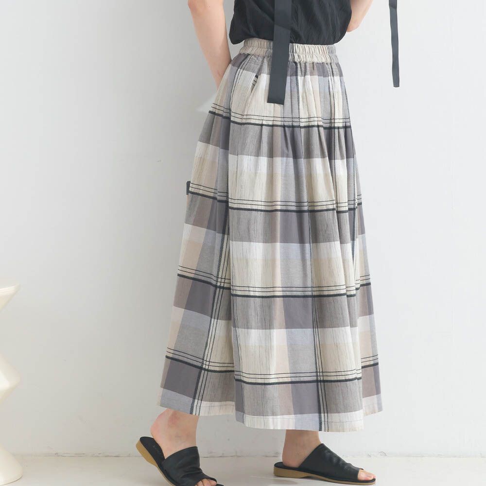 100%棉 漸層色輕盈格紋長裙-燕麥米x灰