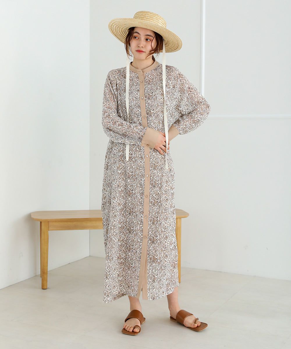 日本 Bab - 文藝浪漫碎花排扣洋裝-石英灰