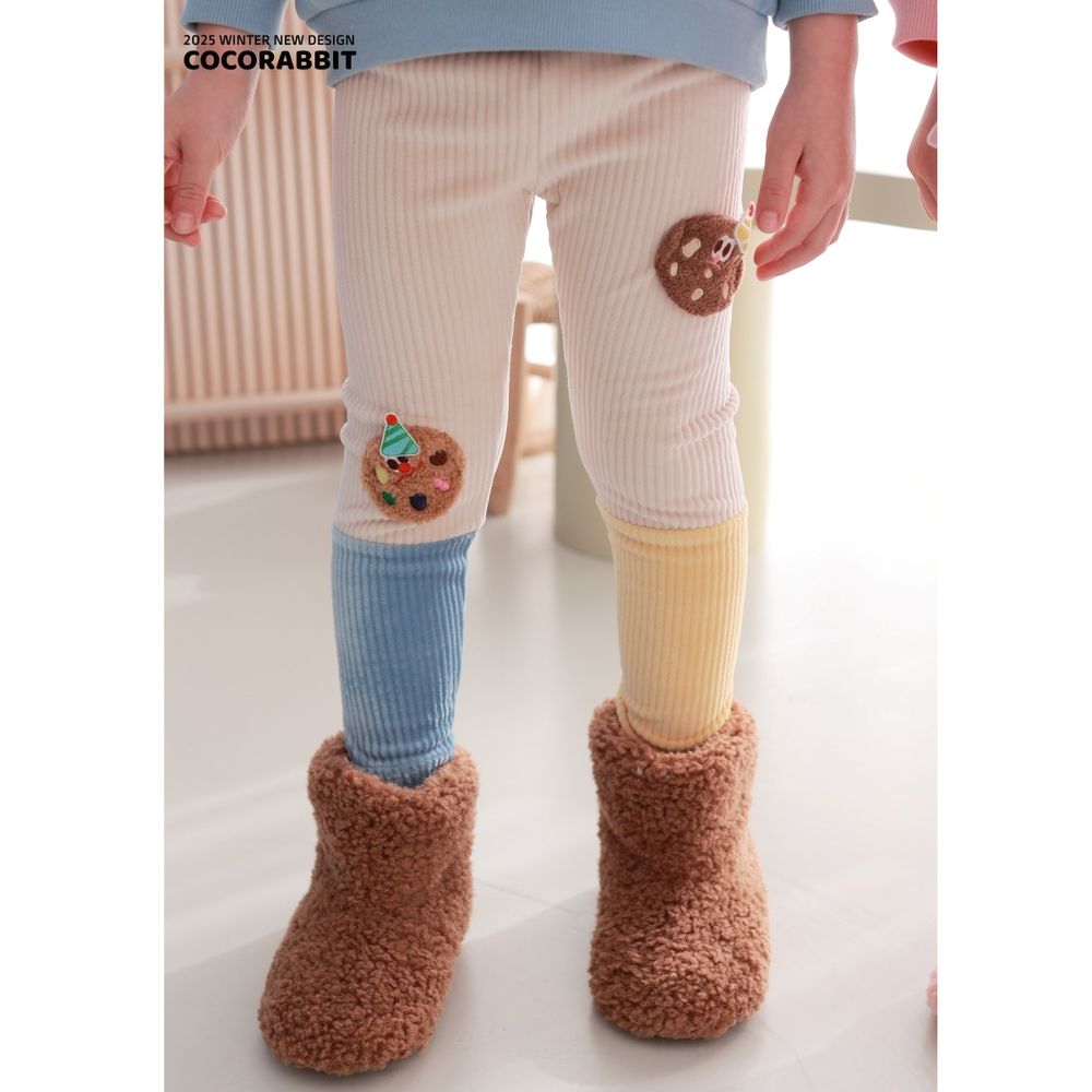 Coco rabbit 鬆緊腰坑條感拼色彈力褲-毛絨餅乾-天藍X芥黃