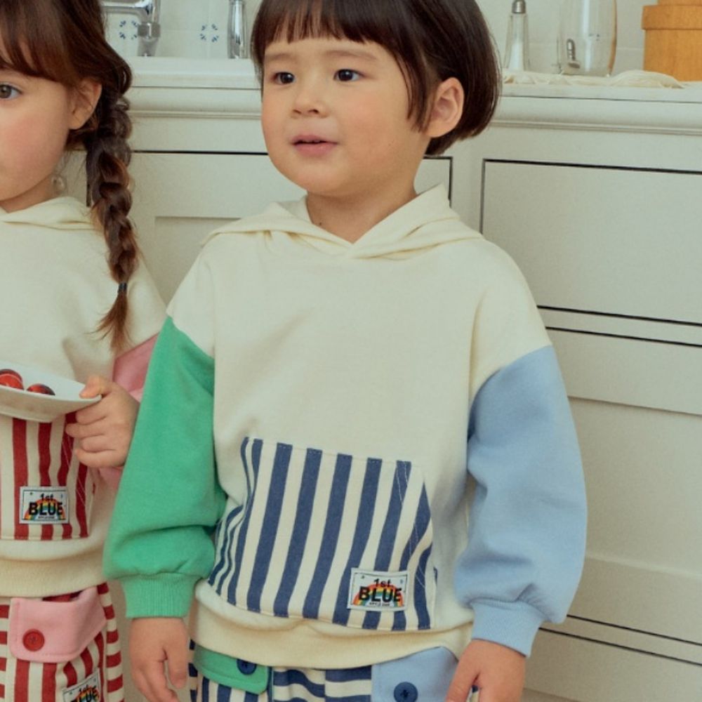 First Blue 愛心袖章條紋口袋連帽上衣-藍條紋