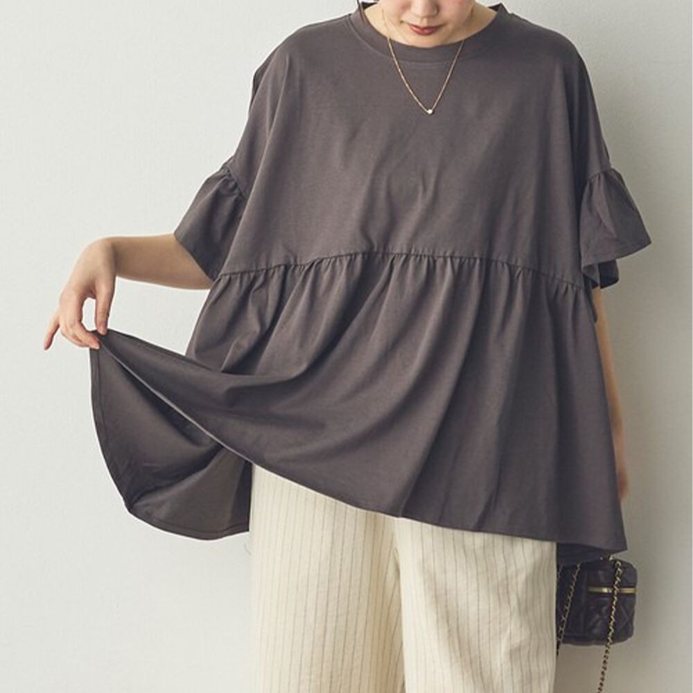 100%棉 浪漫荷葉寬鬆休閒短袖上衣-炭灰