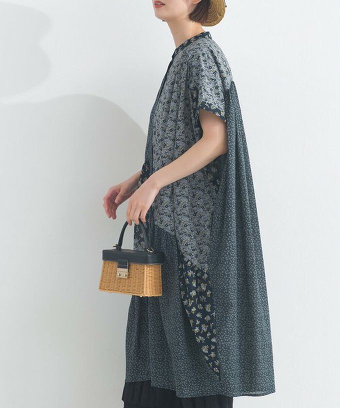 日本 Lupilien - 純棉巴里紗花朵拼布襯衫式洋裝-藍白