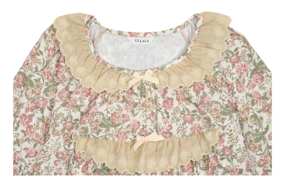 韓國 ULLALA - 絕美公主純棉長袖睡衣-(洋裝式)-奶油色 (FREE)