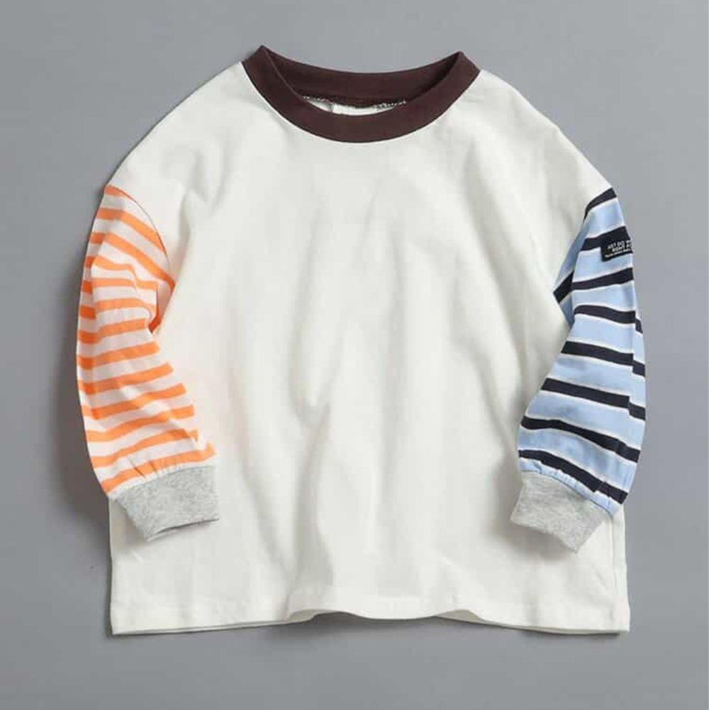 100%棉 定番款縮口長袖上衣-橘藍條紋撞色-白