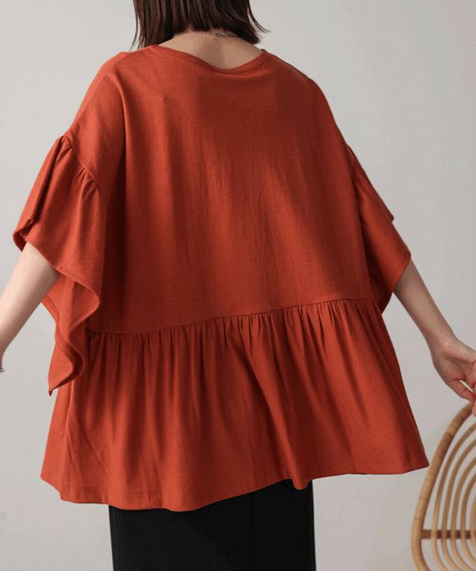 日本 Bab - 透氣嫘縈飄逸大寬袖上衣-杏棕