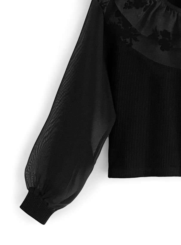 日本 GRL - 花刺繡V領泡泡袖上衣-黑