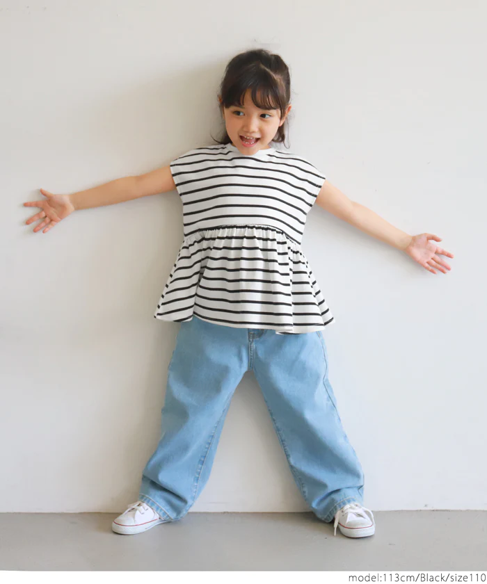 日本 COCA - 橫條紋簡約休閒短袖上衣-孩子-藍