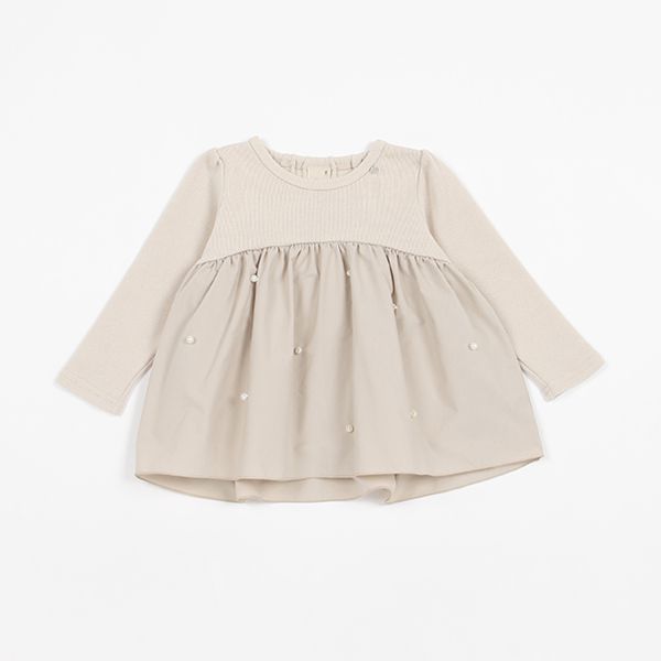 日本 petit main - 珍珠點綴傘狀拼接長袖上衣-淺粉