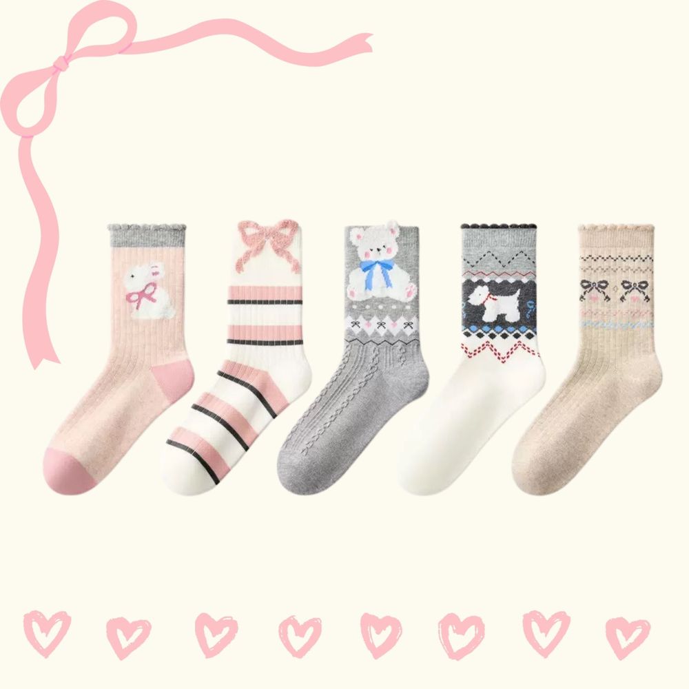 蝴蝶結白熊兔子狗狗純棉中筒棉襪-5 雙一組