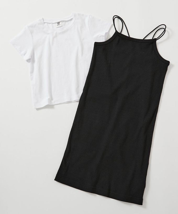 日本 devirock - 兩件式吊帶羅紋短袖洋裝-黑