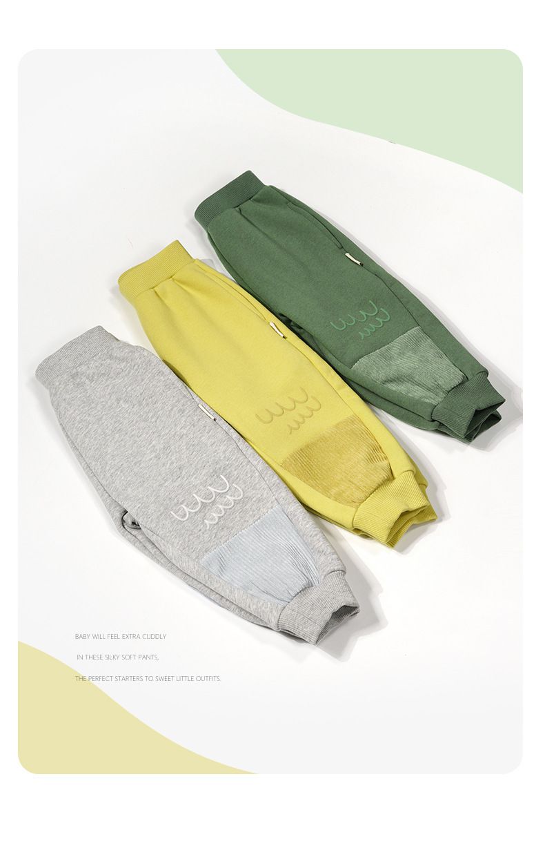 Minizone - 加絨拼接束口長褲-刺繡小波浪-黃色