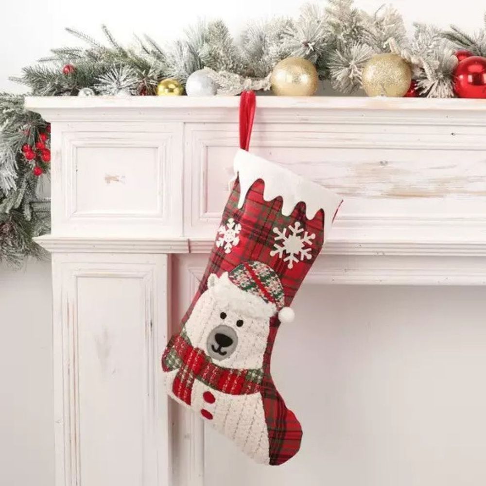 聖誕裝飾品聖誕襪經典紅綠黑格紋-北極熊款-獨家贈長耳狗珊瑚絨室內襪