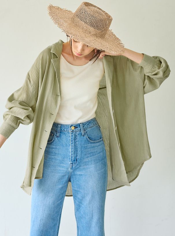 日本 GRL - 100%棉 翻領落肩透氣薄長袖襯衫-深海藍 (F)