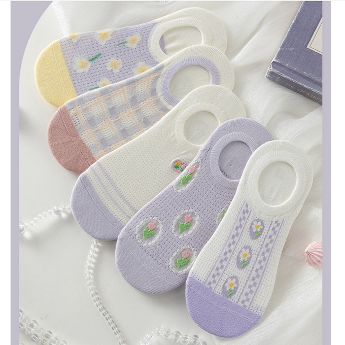 love, charlotte - 氣質淺紫小碎花防滑隱形棉襪 (XXL (22~24cm))-5 雙一組