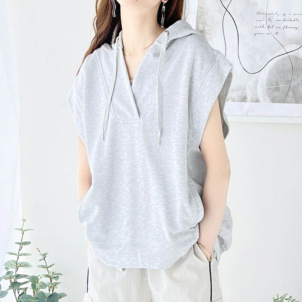 Java 深V領休閒寬短袖連帽上衣-淺灰