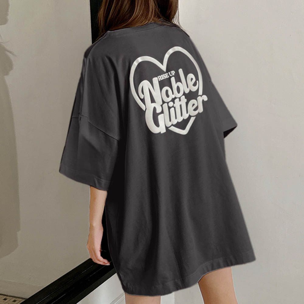 立體酷心型印花長版T恤-深炭灰 (F)