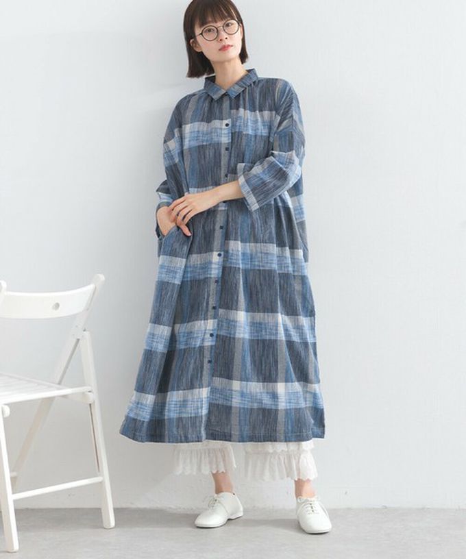 日本 Lupilien - 休閒率性格紋七分袖襯衫洋裝-藍系