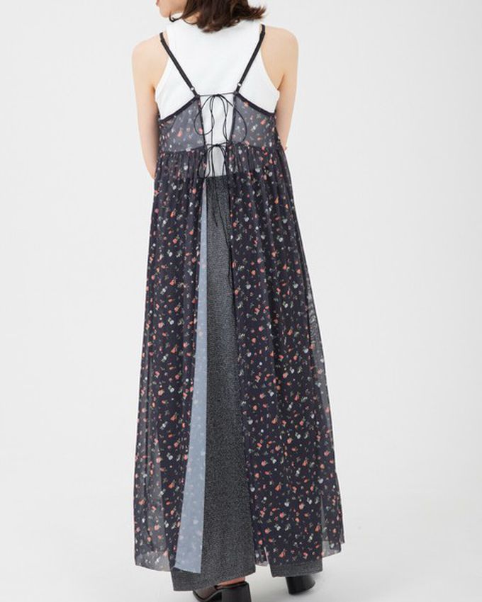 日本 gleam - 前後2way浪漫小花細肩帶薄紗洋裝-水藍